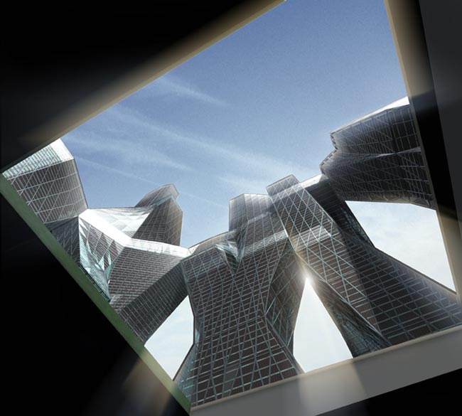 United Architects, view of towers from footprint memorial